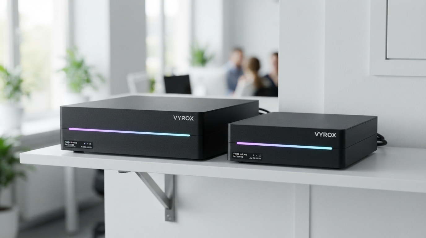 Two VYROX-branded local AI server units of different sizes on a shelf, each with a violet-to-cyan LED light strip, representing the two ways to get set up